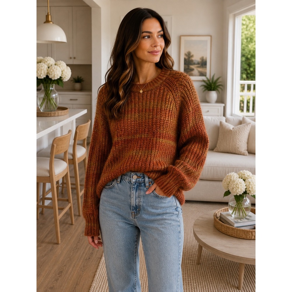 Evereve Women Rust Orange Space Dye Ribbed Crewneck Raglan Sweater Large